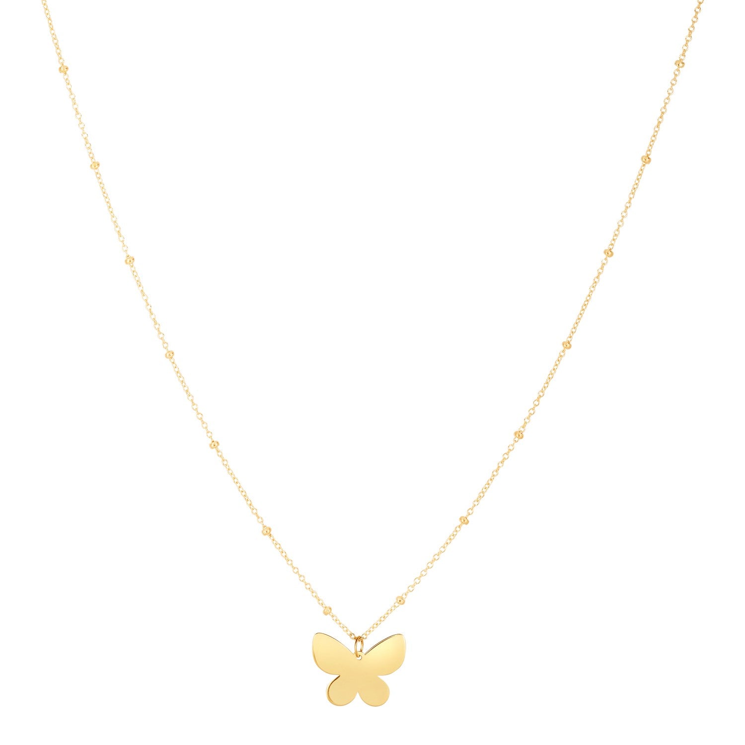Gold butterfly necklace on a white background