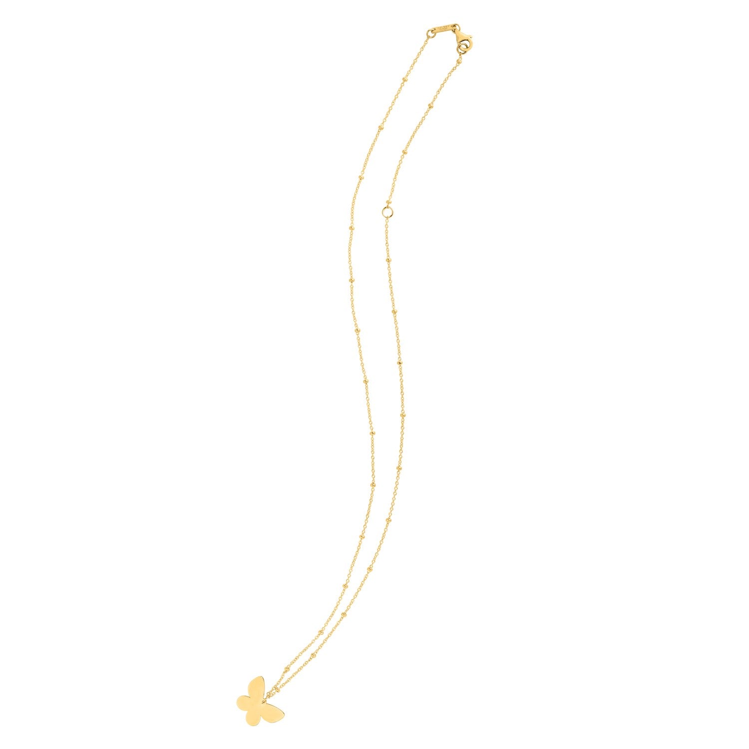 Gold necklace with a butterfly pendant on a white background