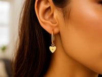 🌟14K Yellow Gold Diamond Heart Charm Hoop Earrings