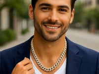 A male in a blue blazer and white tshirt wearing a beautiful 14k Two Tone Gold Miami Cuban Chain