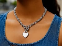 Silver chain necklace with a heart pendant worn by a person in a blue top.