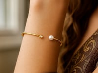 🌟14K Yellow Gold Open Cuff Bangle with Pearl & Diamond – Elegant Minimalism (3.00 mm)