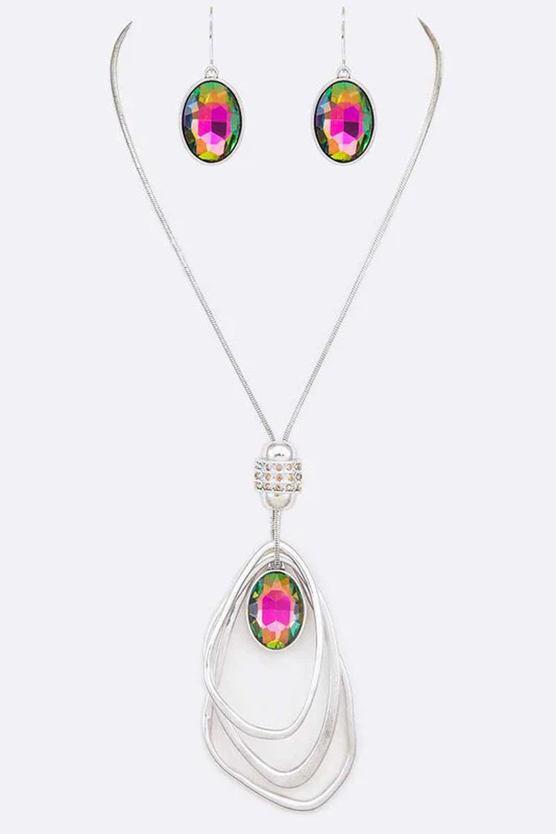Silver hoop necklace and oval crystal earring set with rainbow gemstone accents