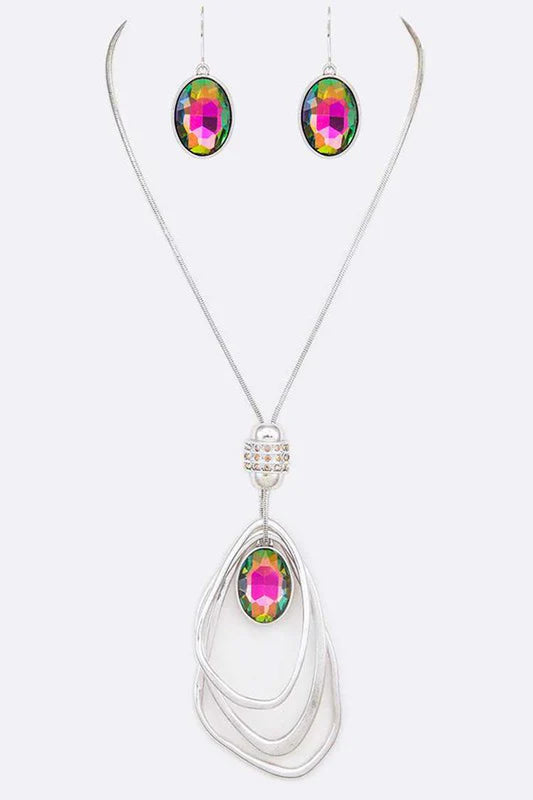 Silver hoop necklace and oval crystal earring set with rainbow gemstone accents