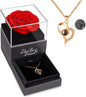 Elegant heart necklace with preserved red rose gift box, perfect for romantic occasions.