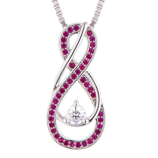 "Ruby red birthstone necklace in figure-eight design with sparkling gemstone center"