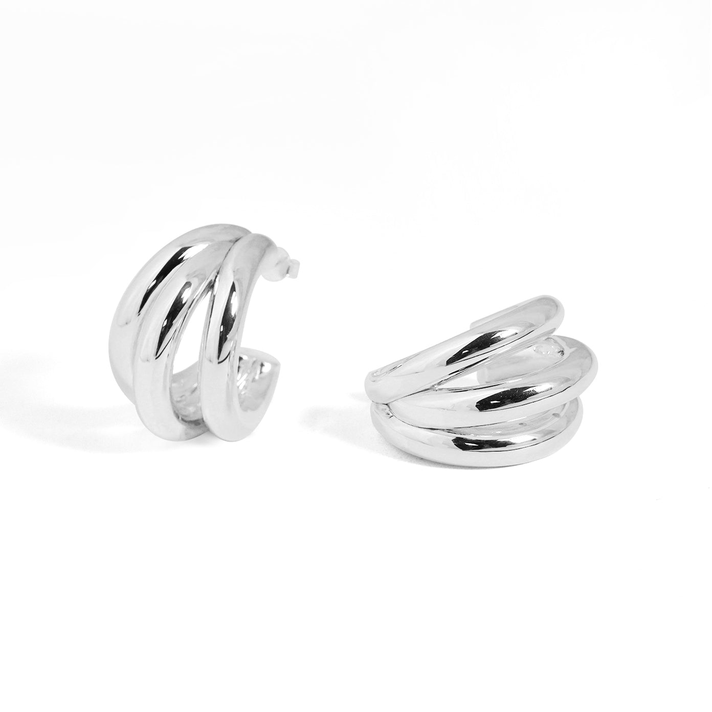 🍒Fine Jewelry Electroforming Geometry Women Hollow Three C Shape Tube S999 Sterling Silver Huggie Caged Studs Earrings(Pre-Sale)