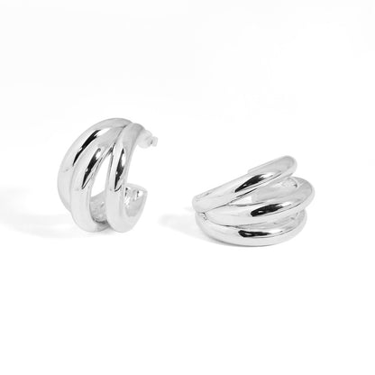 🍒Fine Jewelry Electroforming Geometry Women Hollow Three C Shape Tube S999 Sterling Silver Huggie Caged Studs Earrings(Pre-Sale)