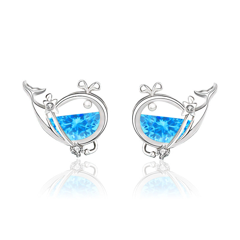 Sterling silver whale stud earrings with blue CZ gemstones