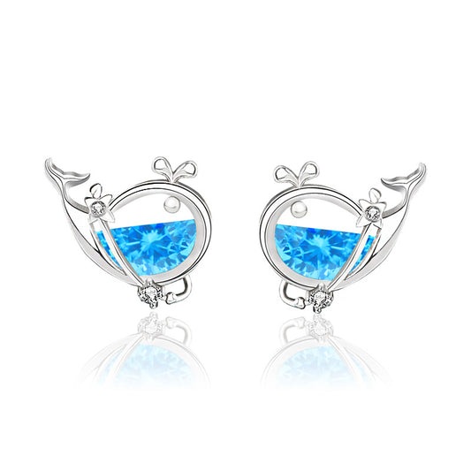 Sterling silver whale stud earrings with blue CZ gemstones
