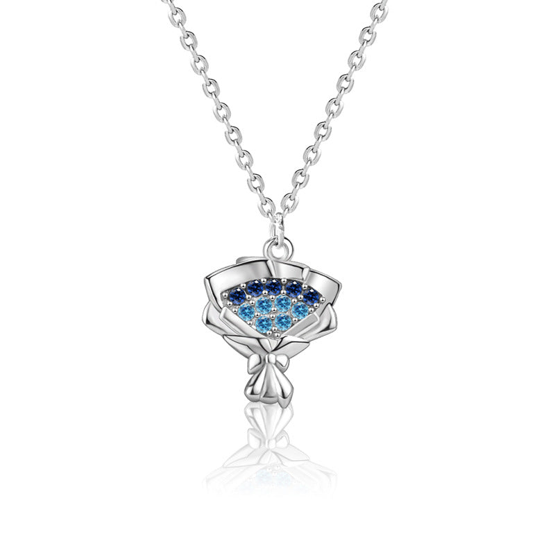 Women’s flower bouquet pendant necklace in sterling silver with cubic zirconia
