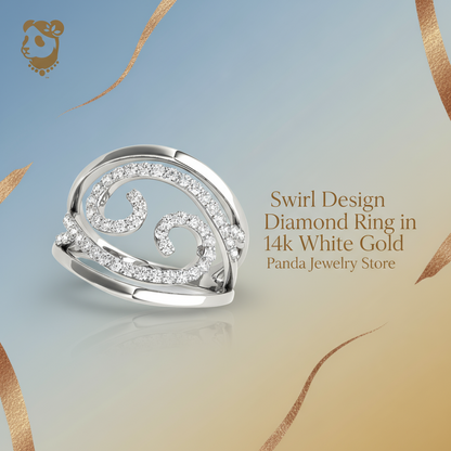 Swirl design diamond ring in 14k white gold on a gradient background with text about the jewelry store.