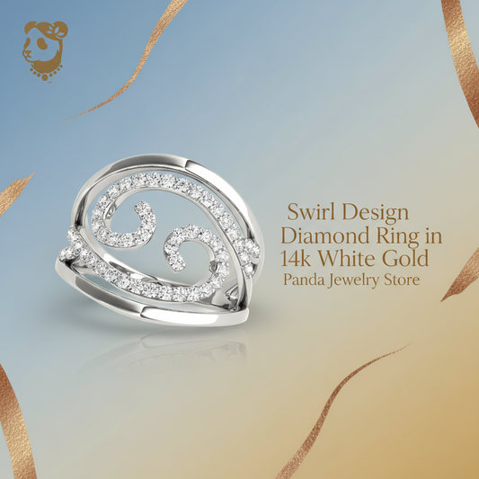 Swirl design diamond ring in 14k white gold on a gradient background with text about the jewelry store.