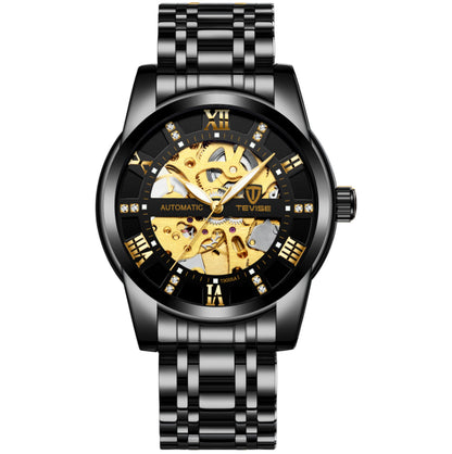 Tevise men's automatic mechanical watch featuring a black stainless steel band, Roman numeral markers, and a gold skeleton dial.