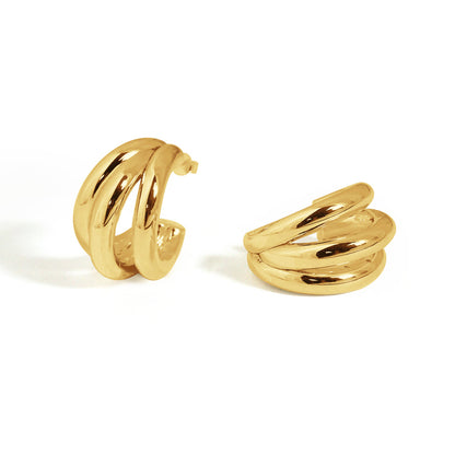 Pair of gold-plated triple-band hoop earrings with a modern caged design.